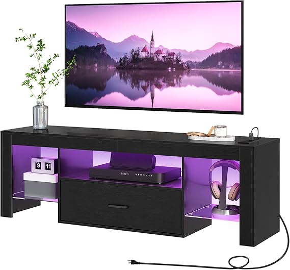 LED TV Stand with Power Outlets and Glass Shelves