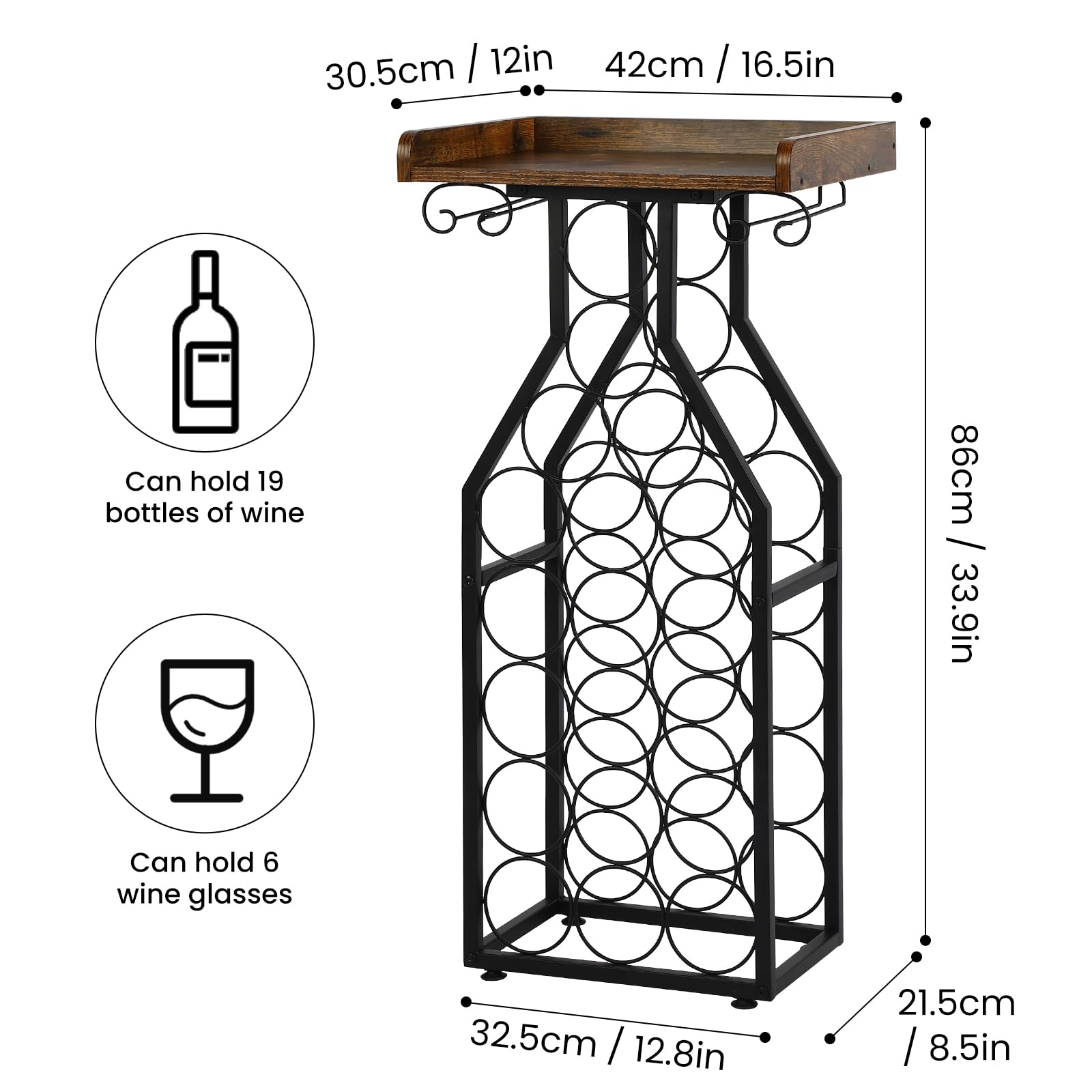 19-Bottle Wine Rack with Glass Holder and Wood Tabletop