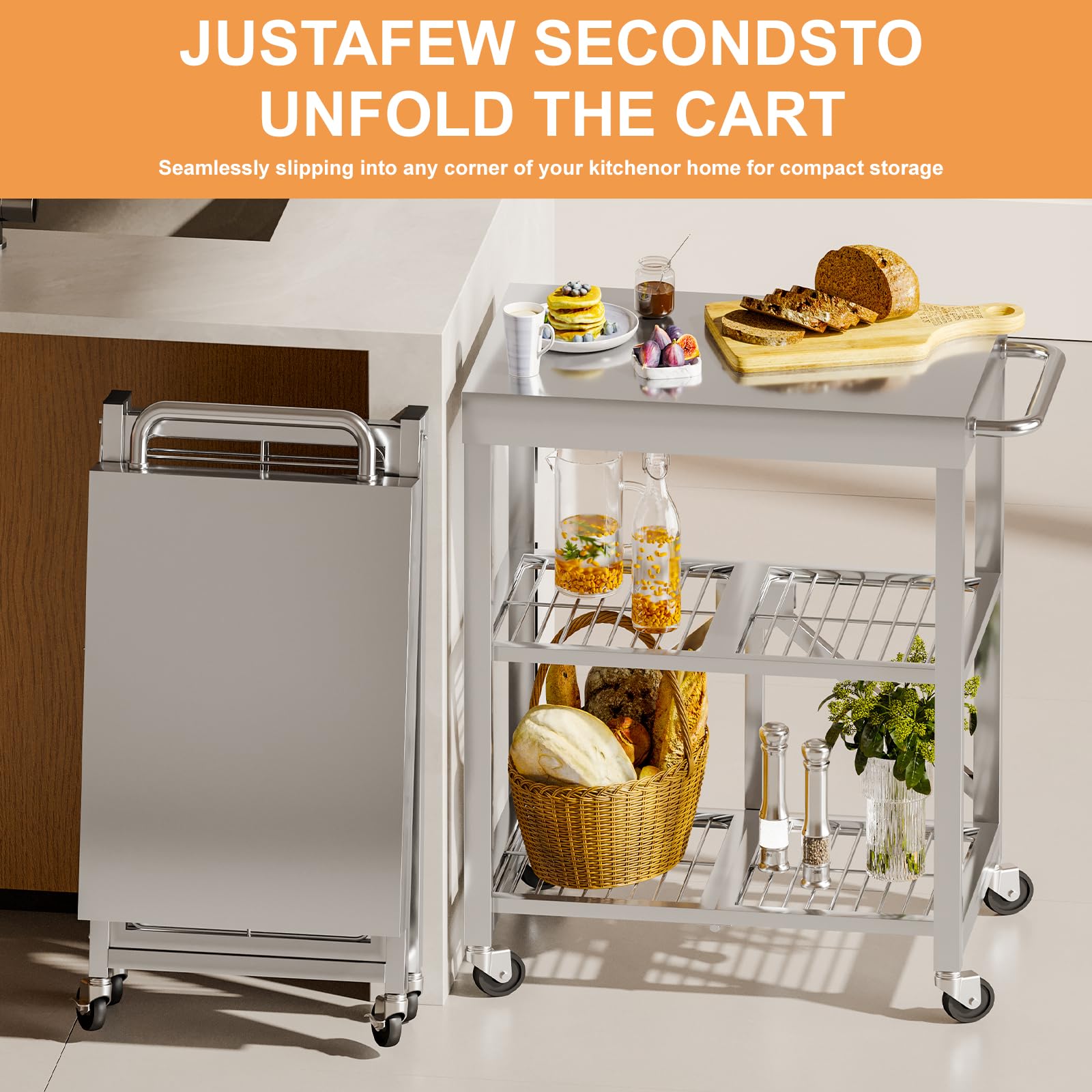 Stainless Steel Foldable Rolling Kitchen Cart with 3-Tier Shelves