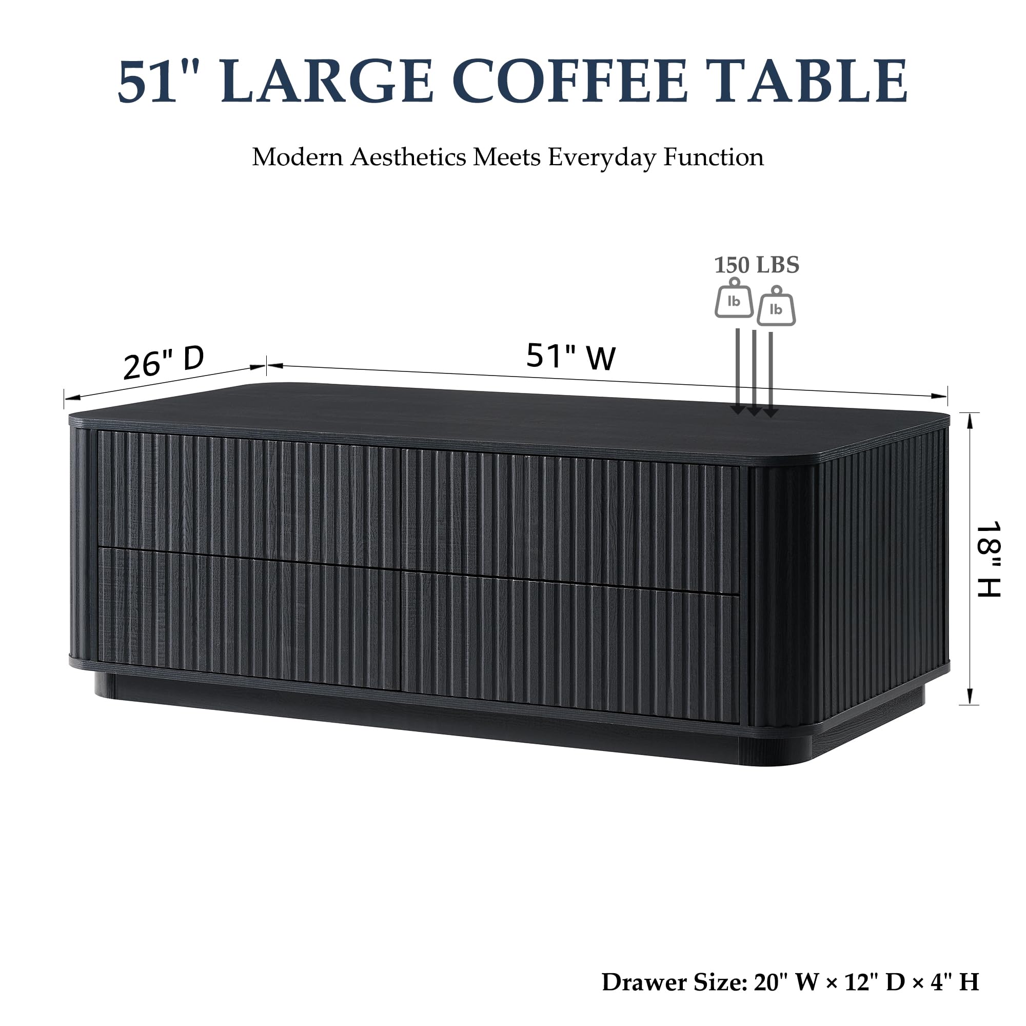51" Fluted Coffee Table with 4 Drawers