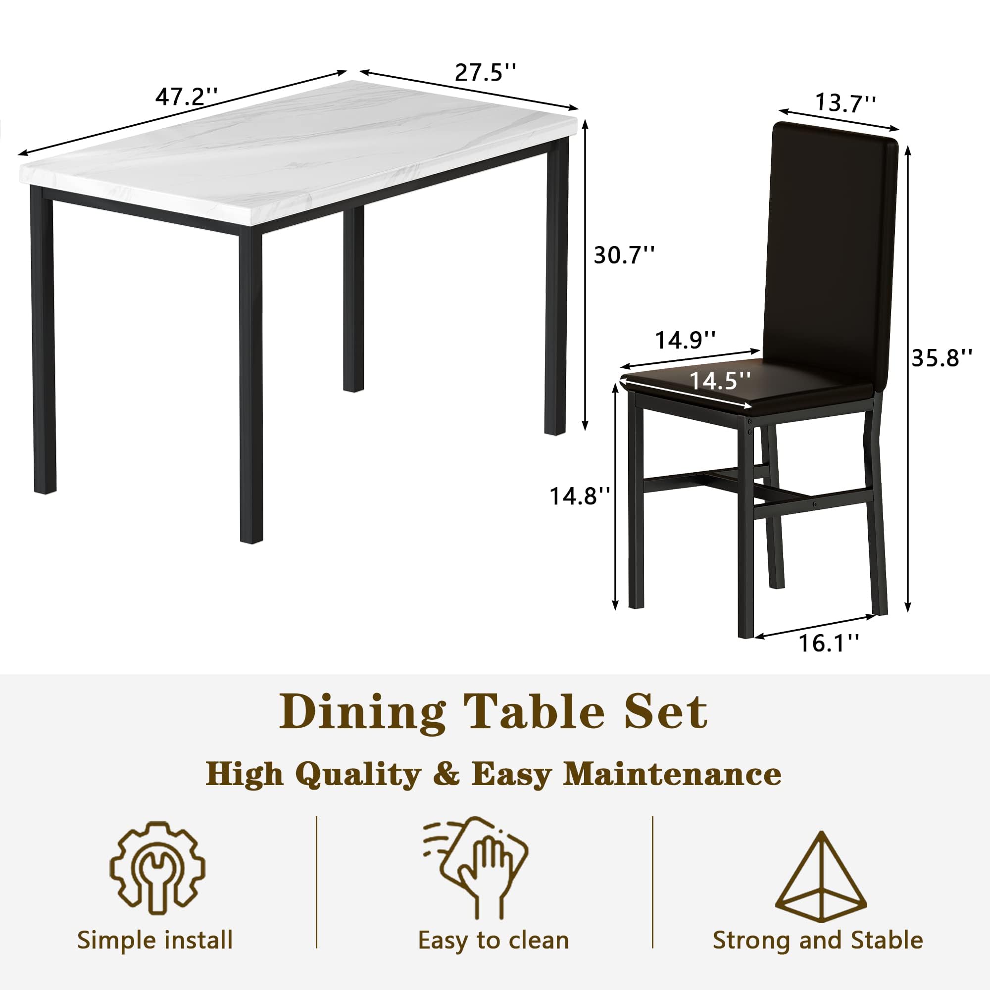5-Piece Faux Marble Dining Table Set with 4 Chairs