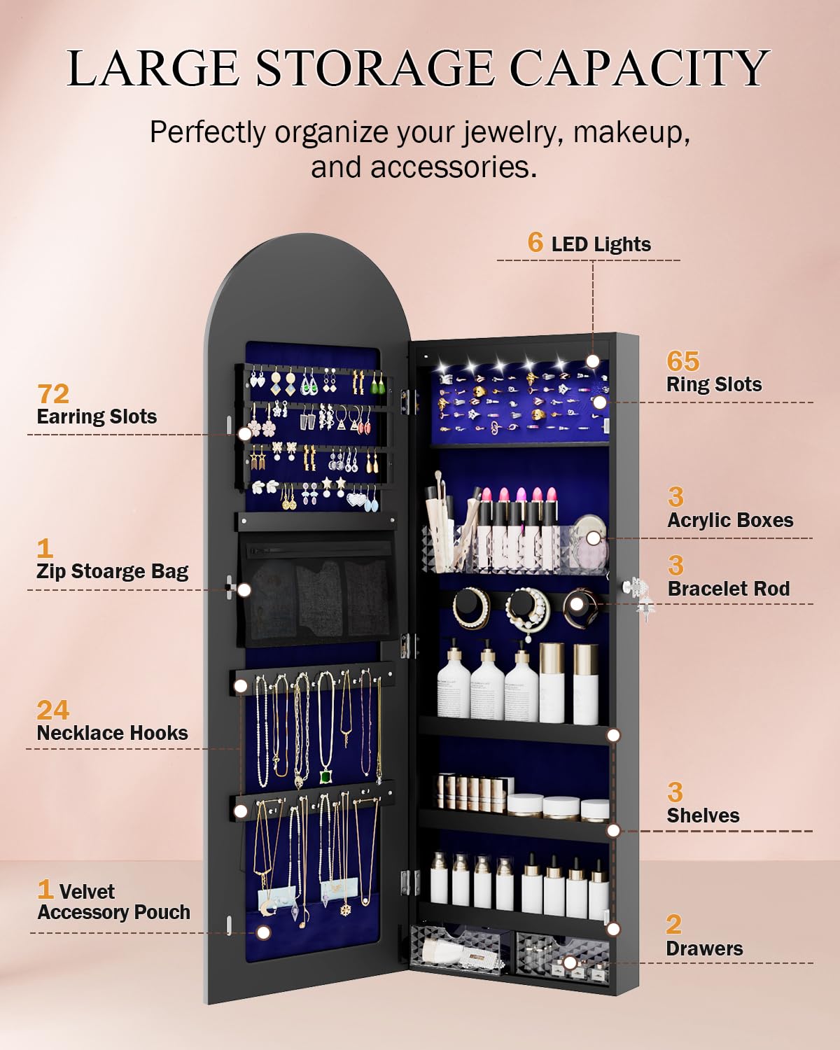 47-Inch Lockable Full-Length Mirror Jewelry Cabinet with LED Lights