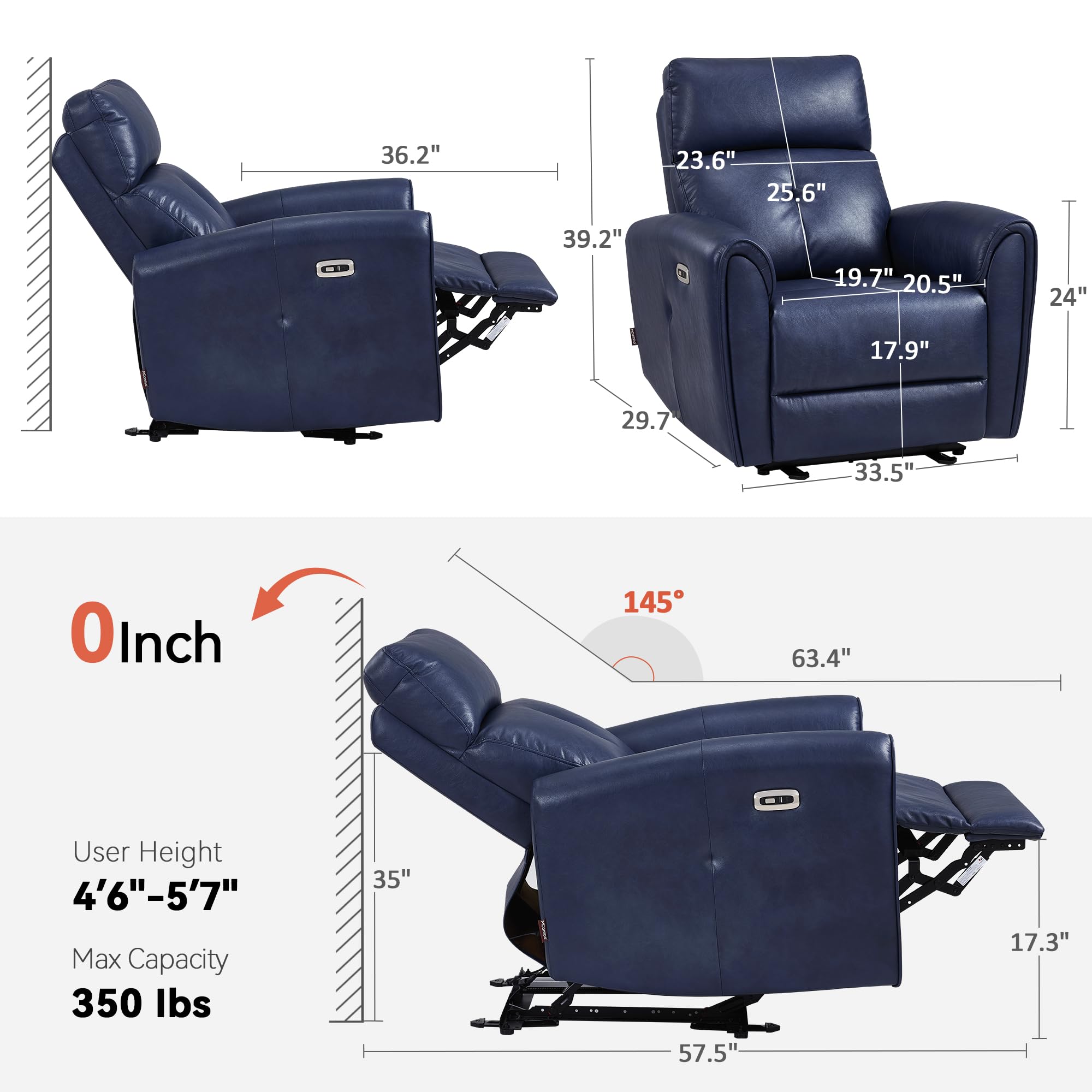 MCombo Power Small Recliners for Small Spaces, Living Room, RVs, Modern Style Zero Wall Hugger Recliners Chair with Lumbar Support, USB&Charging Ports, FSC Certified, Faux Leather PR699 (Navy Blue)