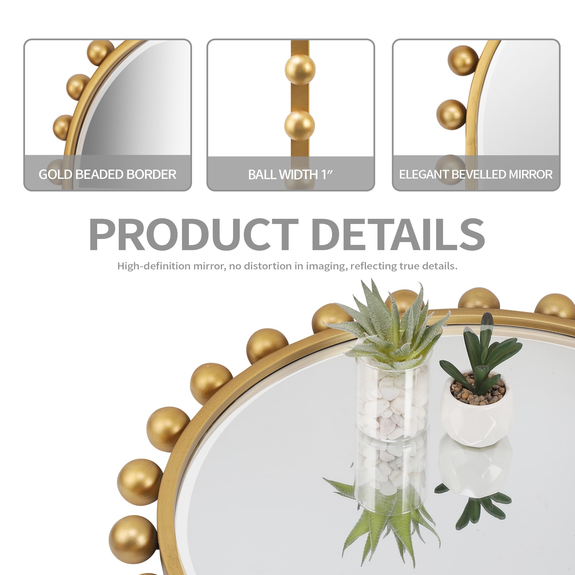 Arched Wall Mirror 24x36 Inch Antique Gold Ball Frame