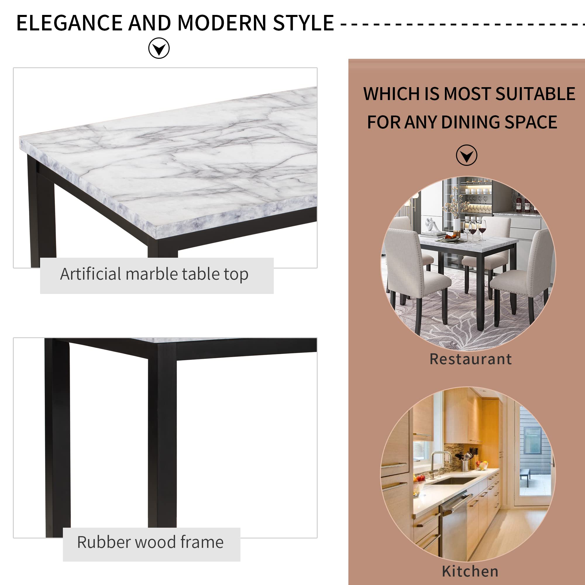 5-Piece Faux Marble Dining Table Set with Upholstered Chairs
