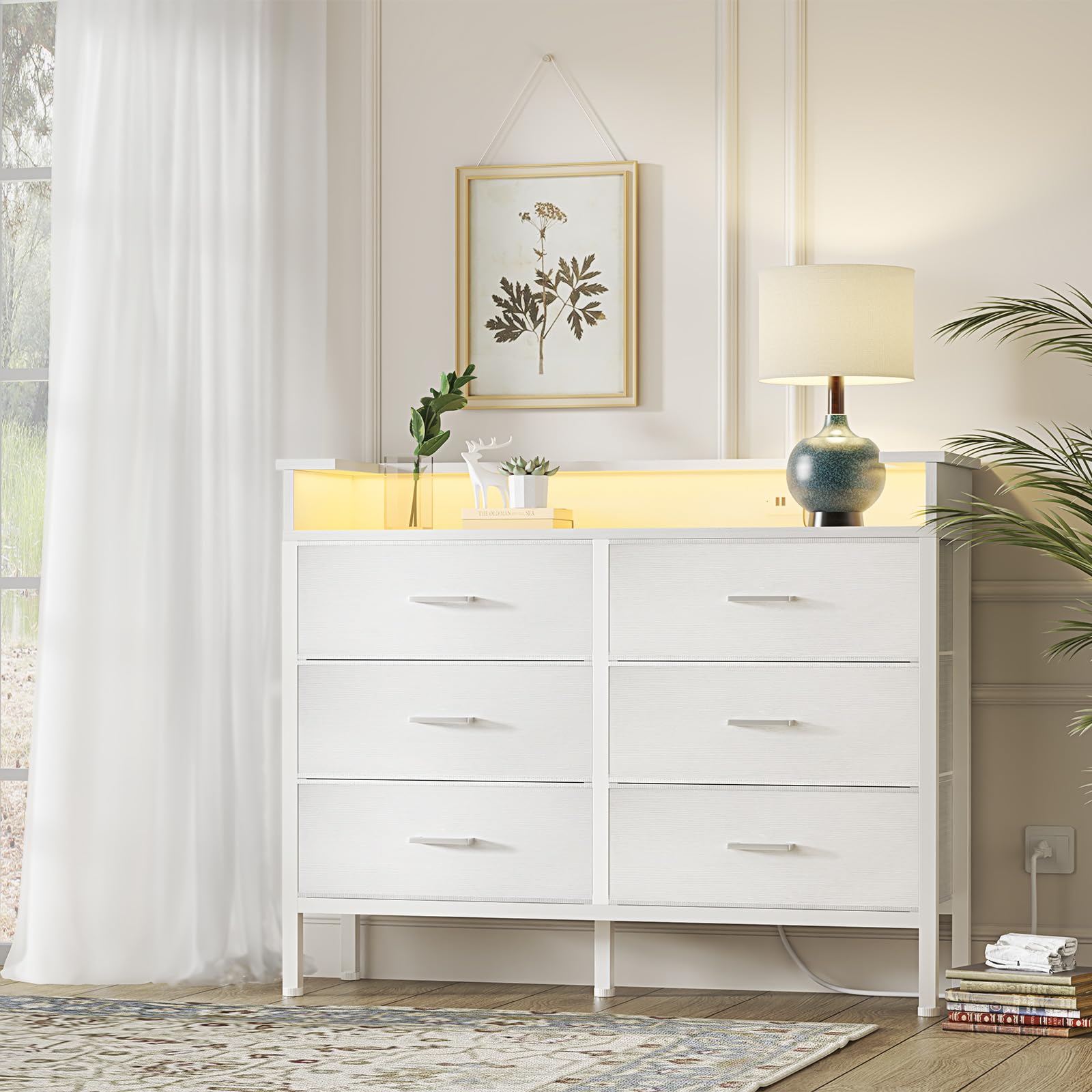 White Dresser with LED Light and Charging Station