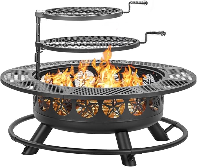 47 Inch Outdoor Fire Pit with 2 Grills and Lid
