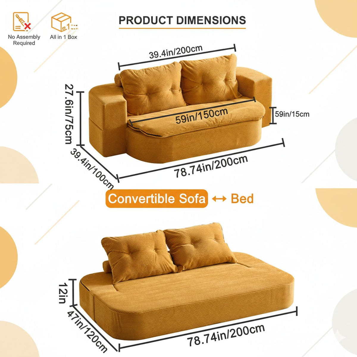 78.7" Convertible Sofa Bed with Corduroy Upholstery