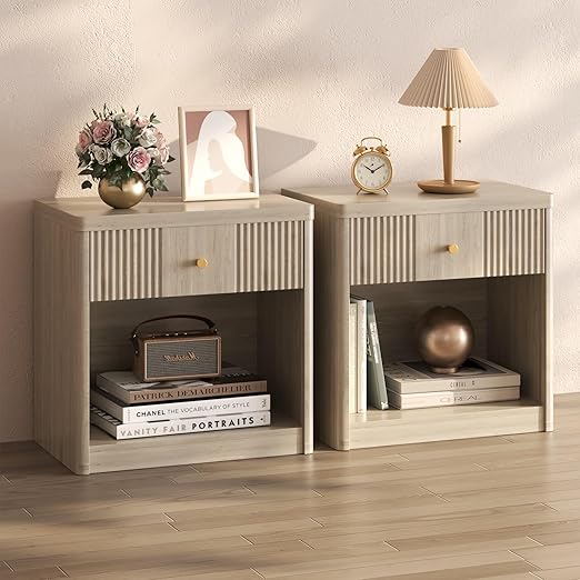 Fluted Nightstand Set of 2 with Drawer and Storage