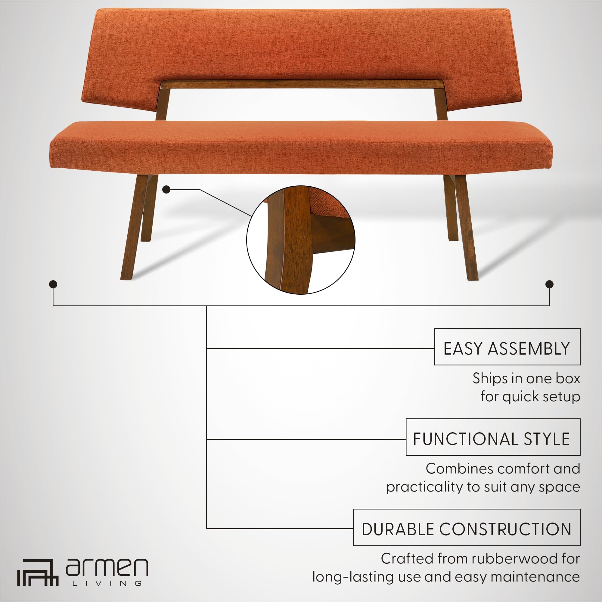 Channell Wood Dining Bench in Walnut Finish with Orange Fabric