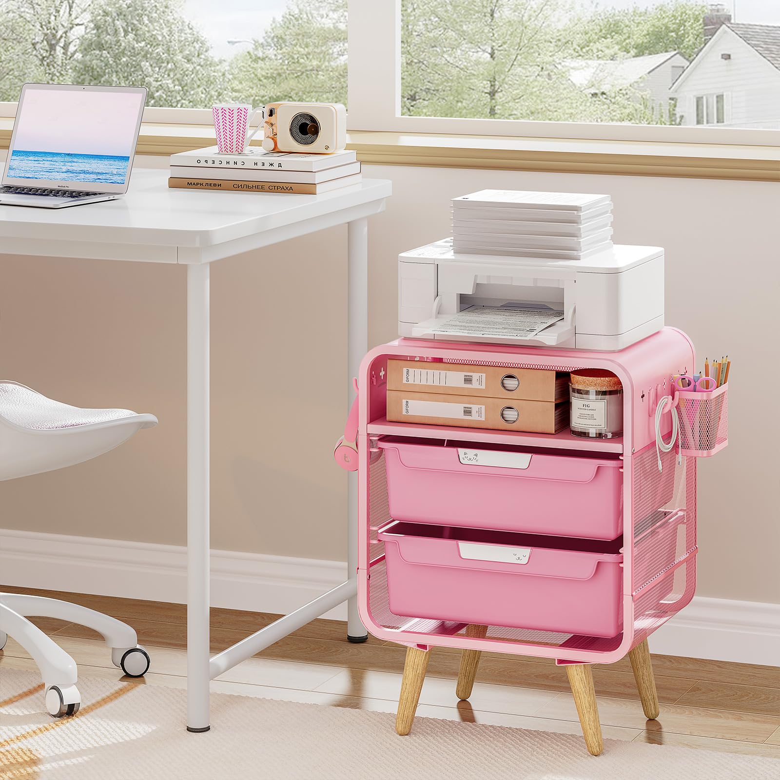 Pink Kids Nightstand with Storage Drawers