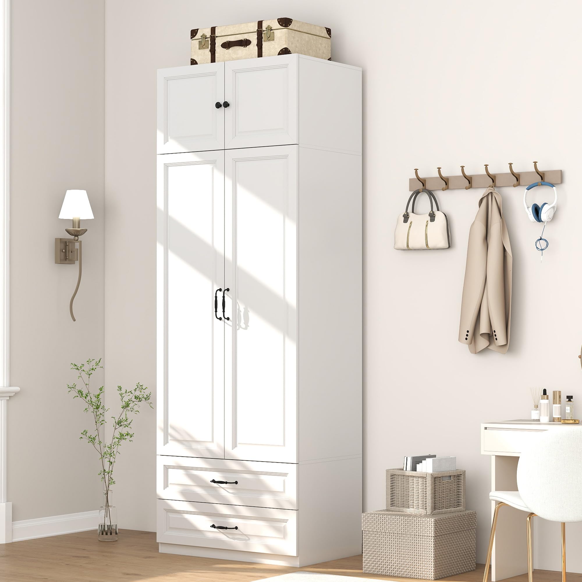White Armoire Wardrobe Closet with Drawers and Hanging Rod