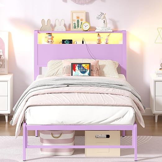 Twin Bed Frame with Storage Shelves and LED Lights