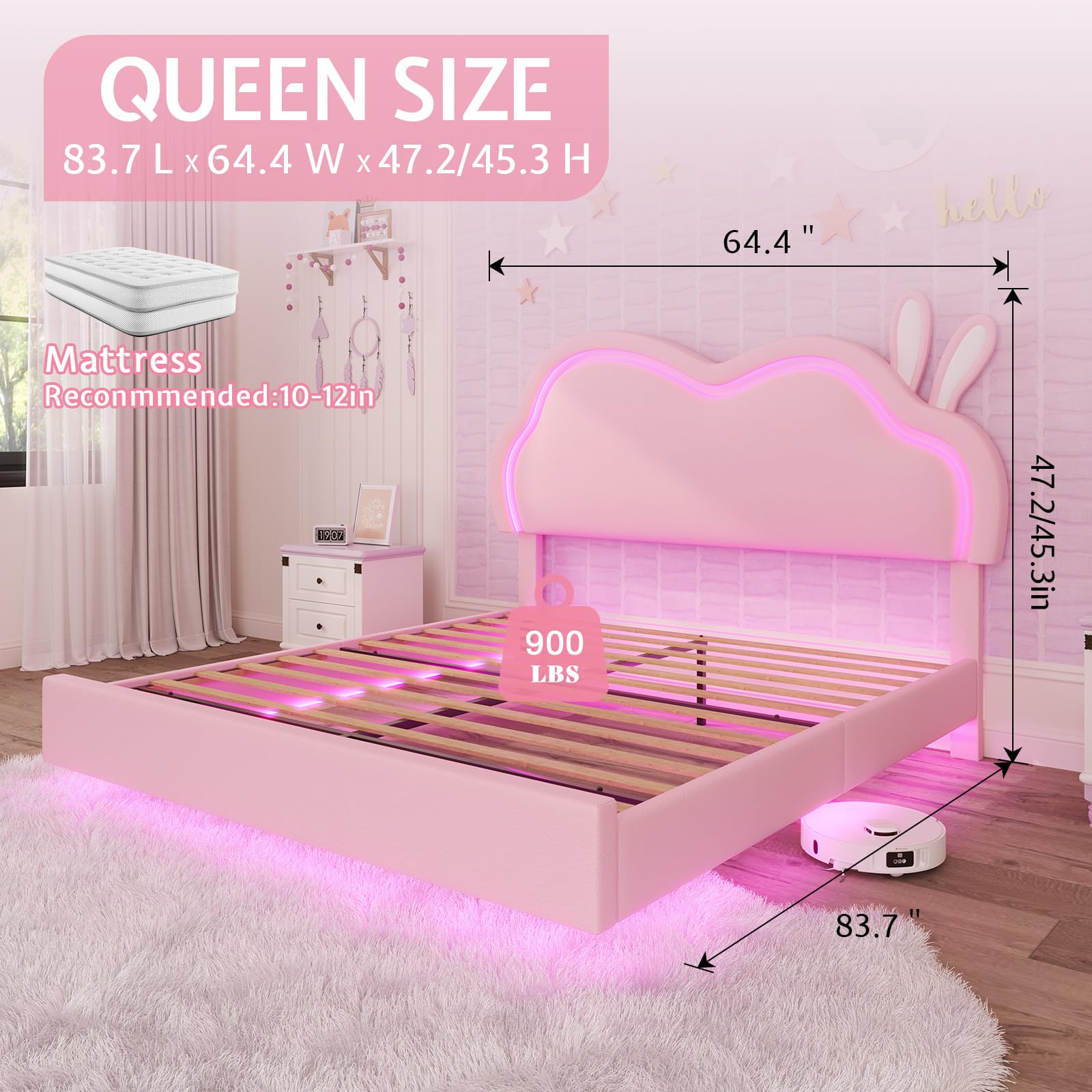 Queen Pink Upholstered Platform Bed with LED Lights