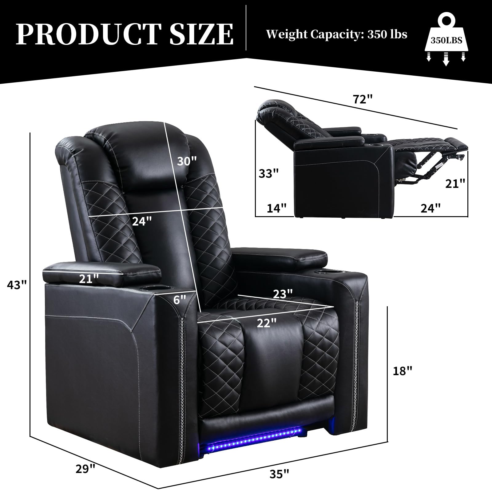 IOMOR Home Theater Seating with USB Ports and Cup Holders, Overstuffed Faux Leather Electric Power Recliner Chair with Hidden Arm Storage, Ambient Lighting (1, Black+Lighting)