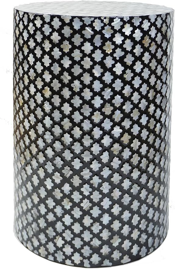 Capiz Shell Cylinder Drum End Table - White Cream Floral Vine Pattern