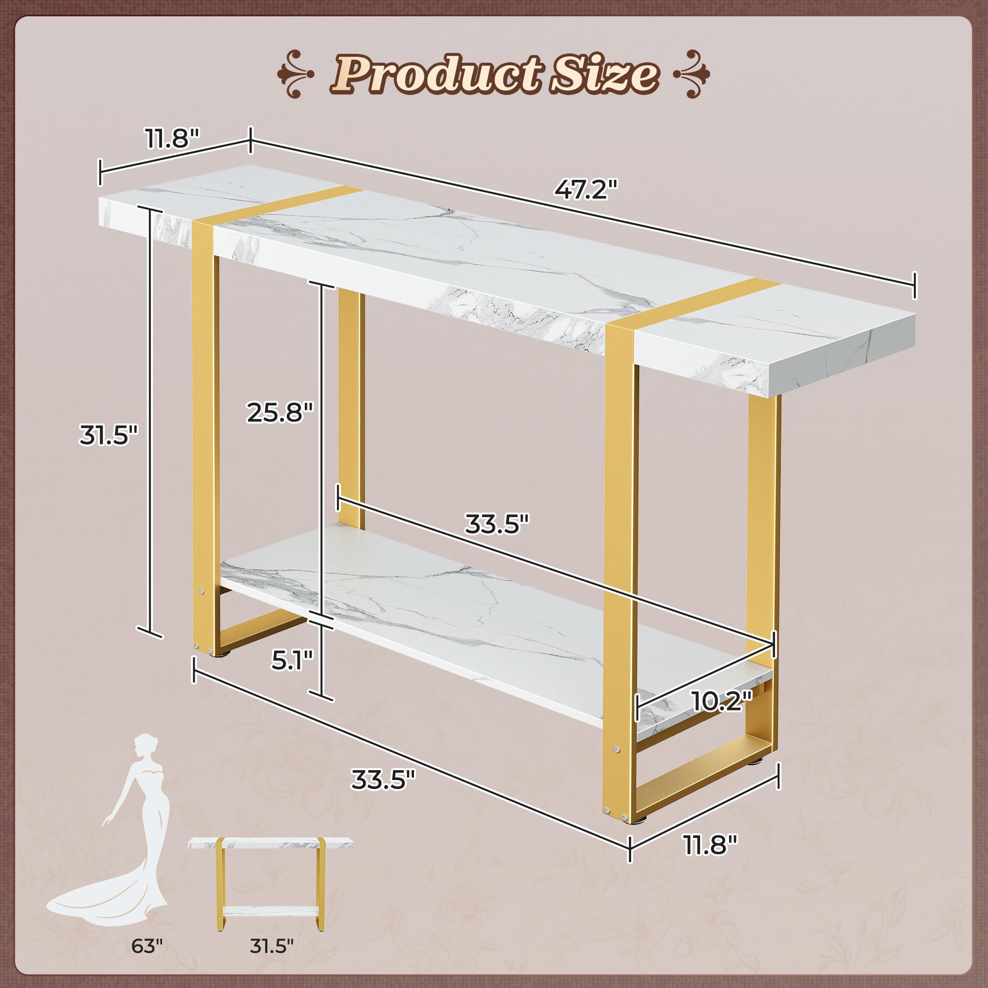 47.2 Inch Marble Top Console Table with Storage
