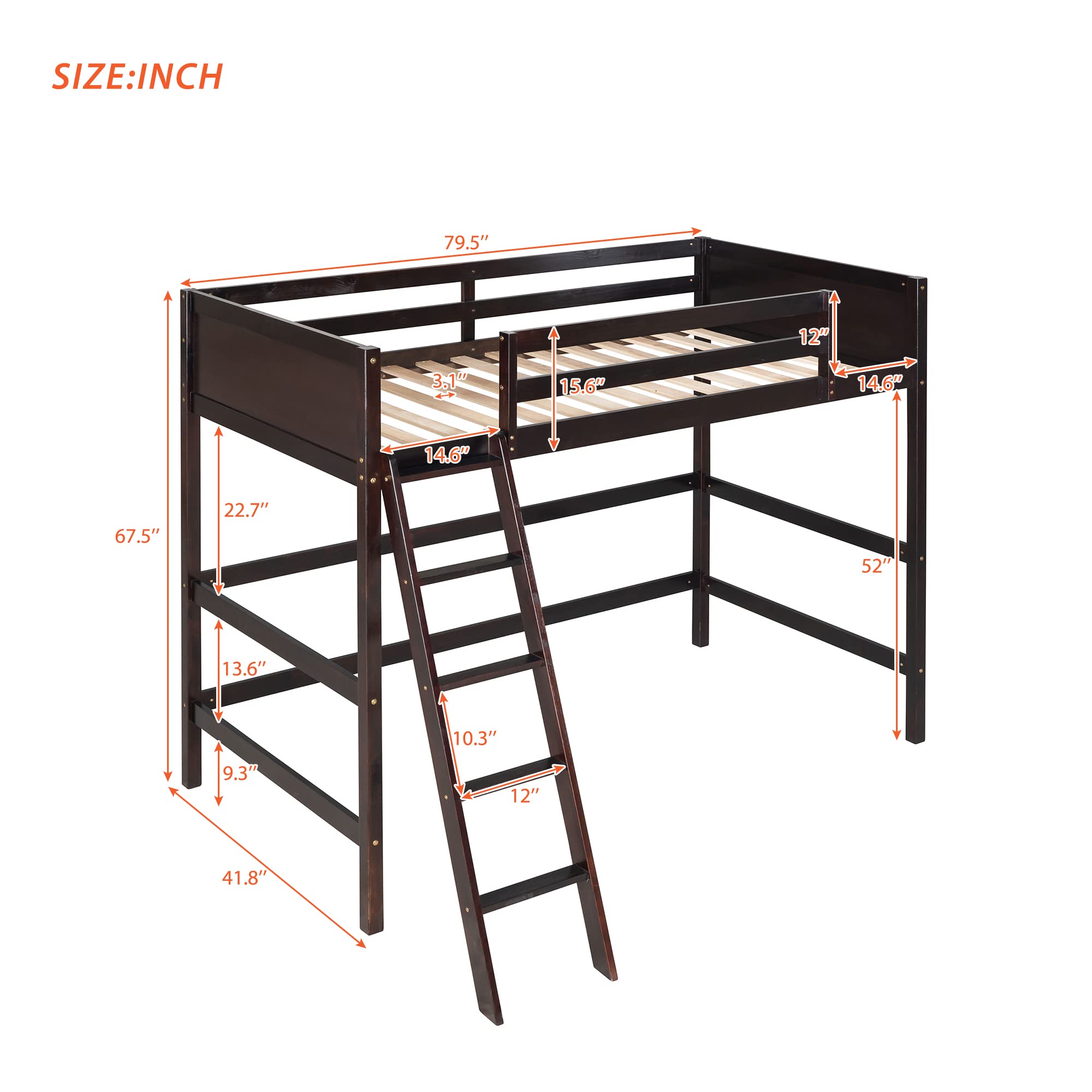 Twin Wood Loft Bed with Guardrail and Ladder