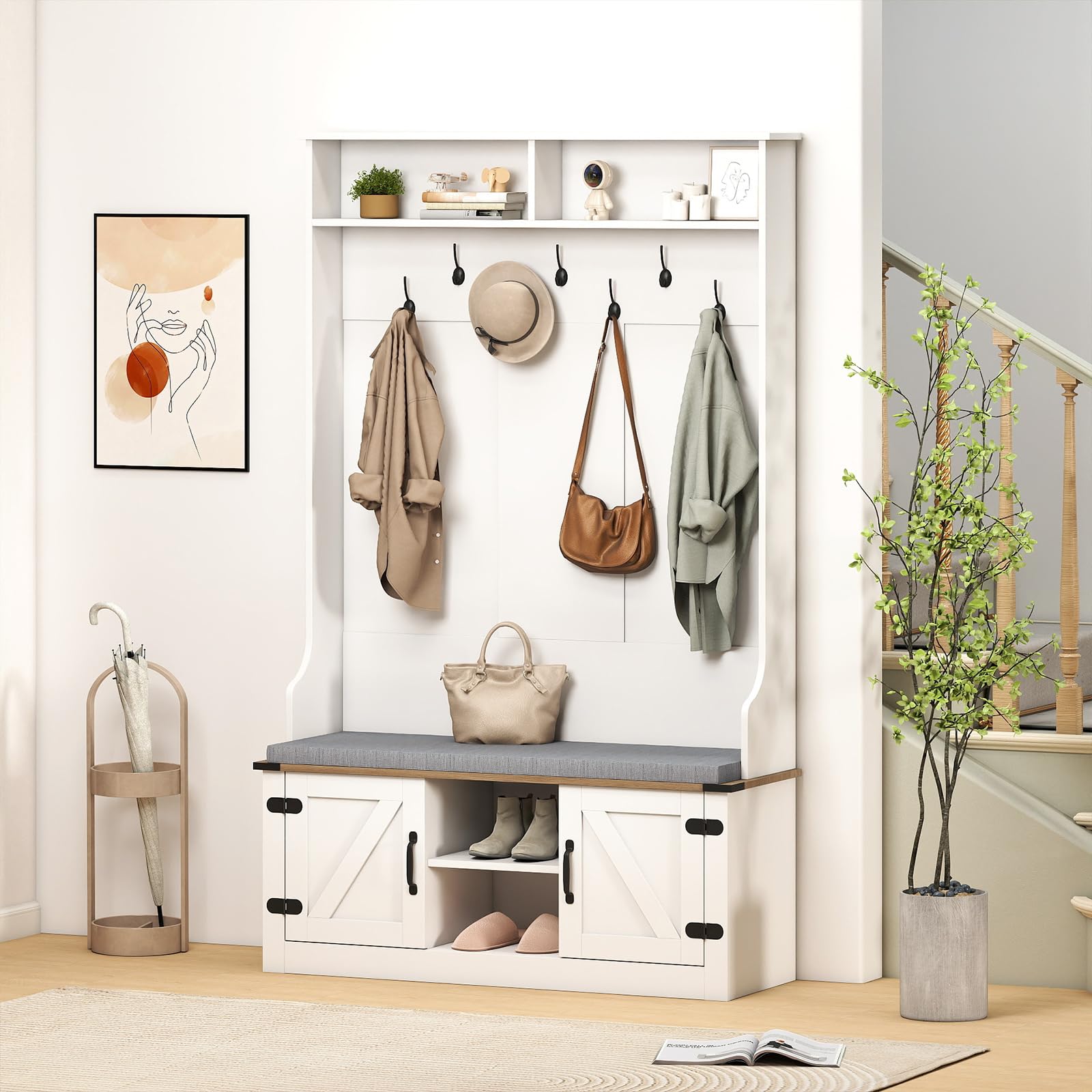 Hall Tree with Cushioned Bench and Shoe Storage