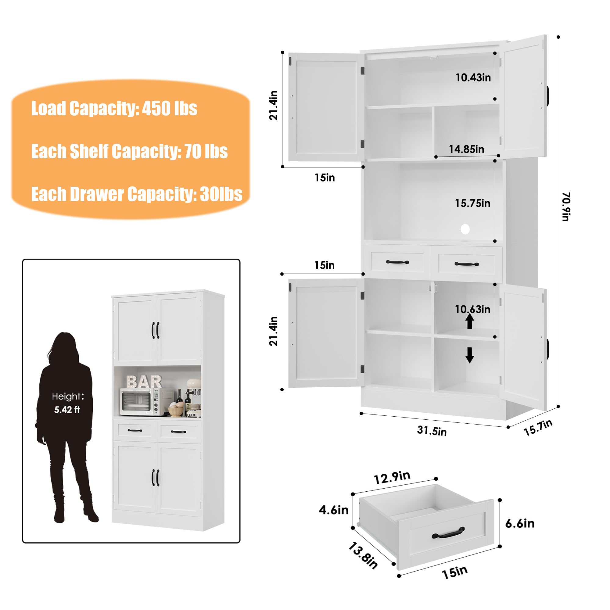 71" Tall Kitchen Pantry Storage Cabinet