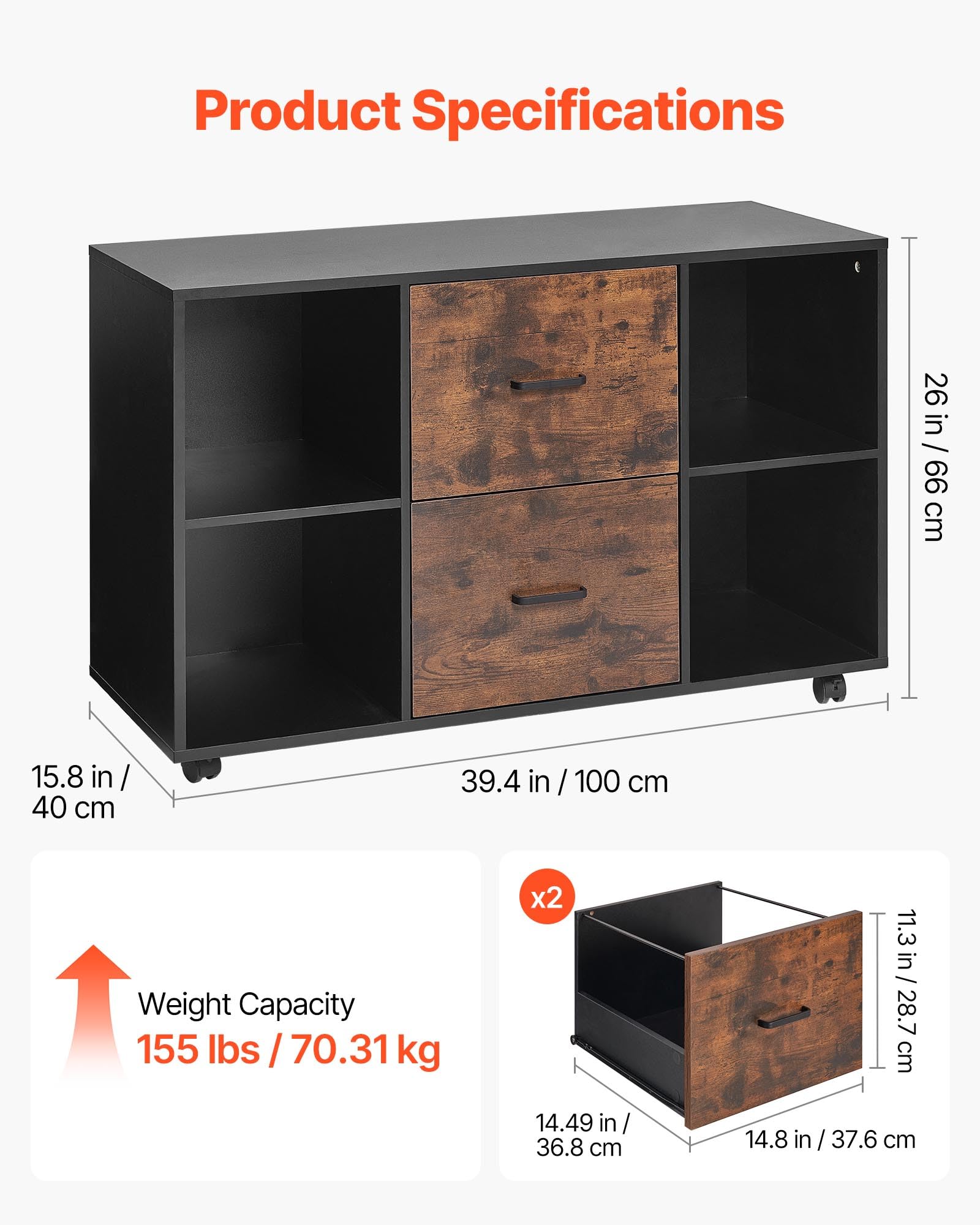 2 Drawer Mobile File Cabinet with Open Shelves