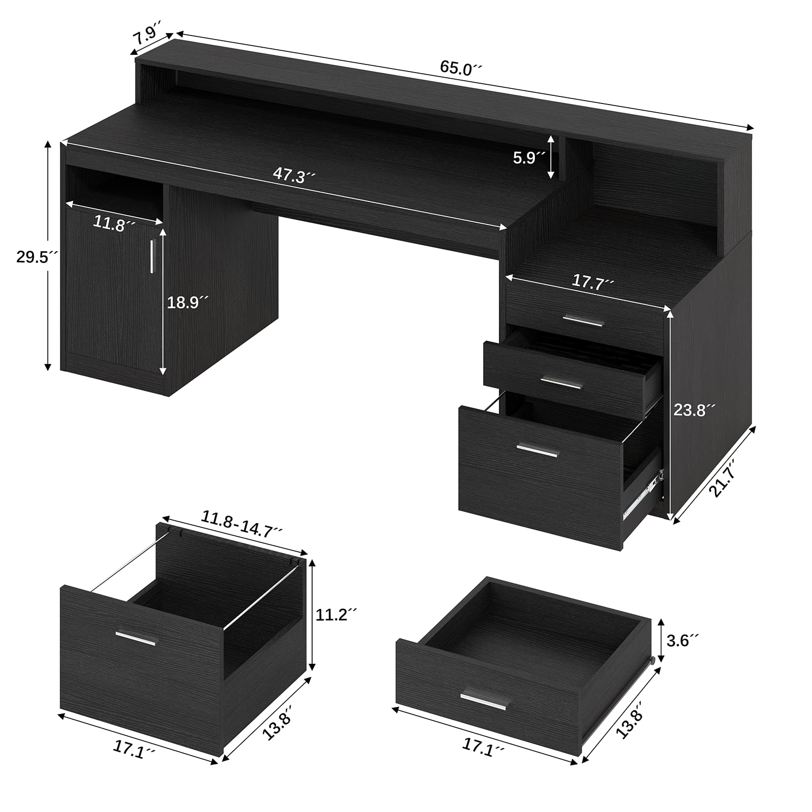 Computer Desk with 3 Drawer Storage Shelves and File Cabinet