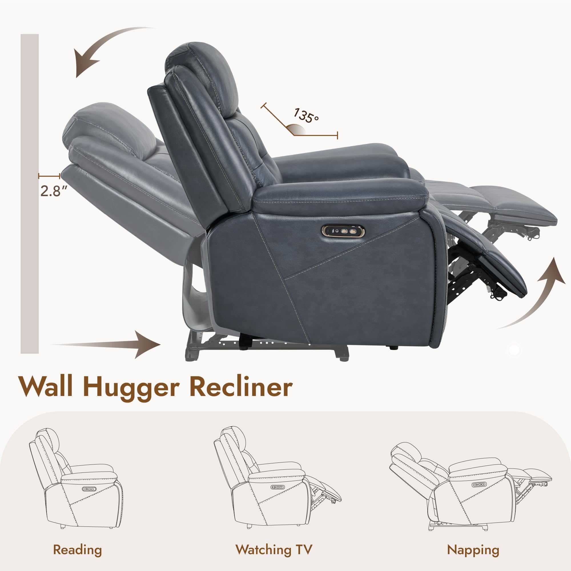 Watson & Whitely Genuine Leather Power Recliner Chair for Adults, Wall Hugger Recliner with Power Headrest, Cup Holders & Charging Ports, Electric Reclining Chairs for Living Room, RV, Navy Blue