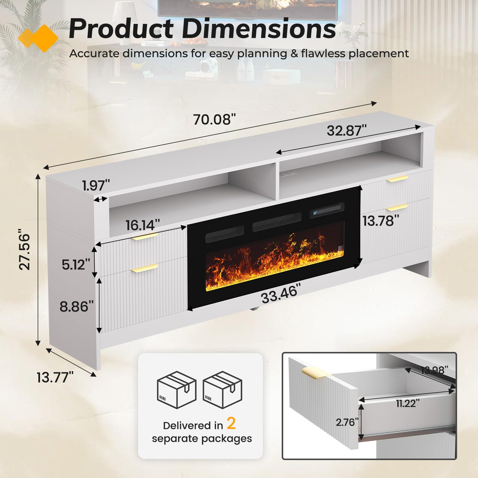 70" Electric Fireplace TV Stand with LED Lights