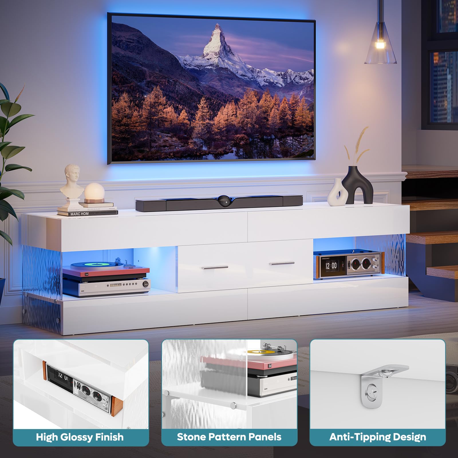 High Gloss TV Stand with LED and Stone-Patterned Panels