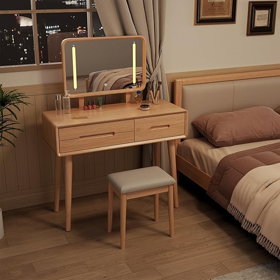 Wooden Vanity Table with Lighted Mirror and 3 Drawers