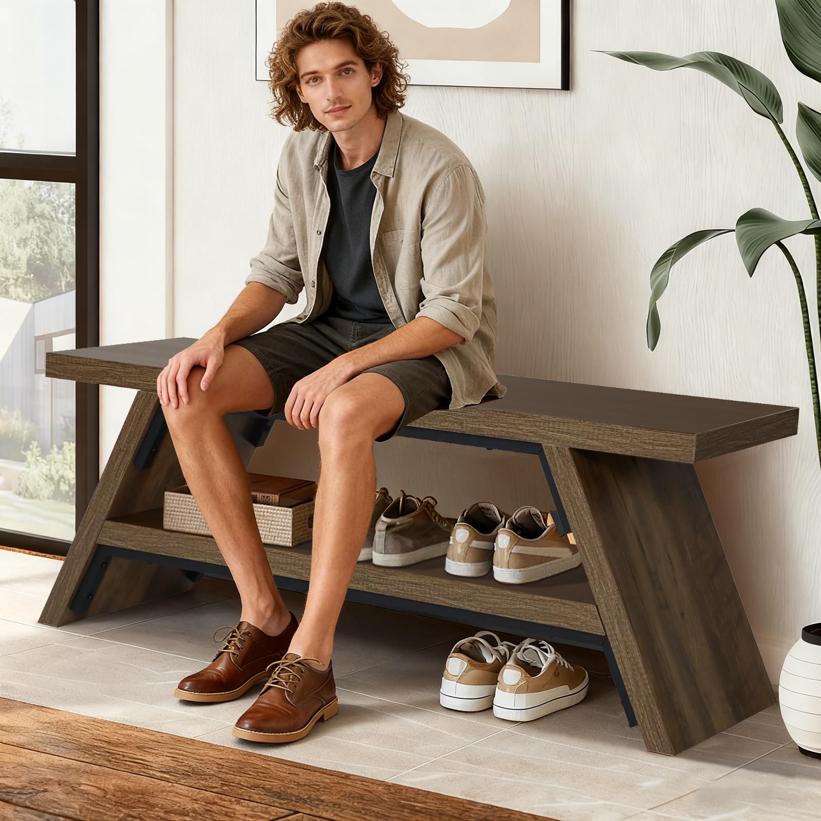 2-Tier Solid Wood Shoe Storage Bench for Entryway