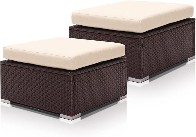 All-Weather Outdoor Wicker Ottoman Set of 2 - Dark Gray Rattan Footrest with Cushions