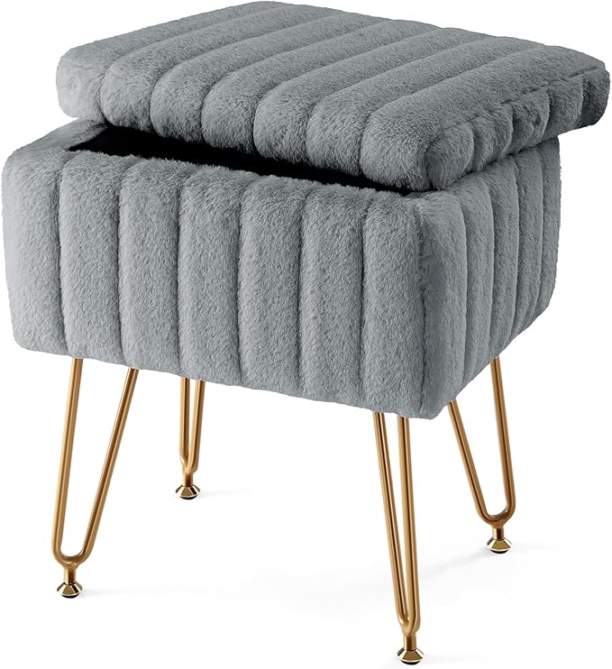 Vanity Stool with Storage Ottoman Faux Fur Padded Seat