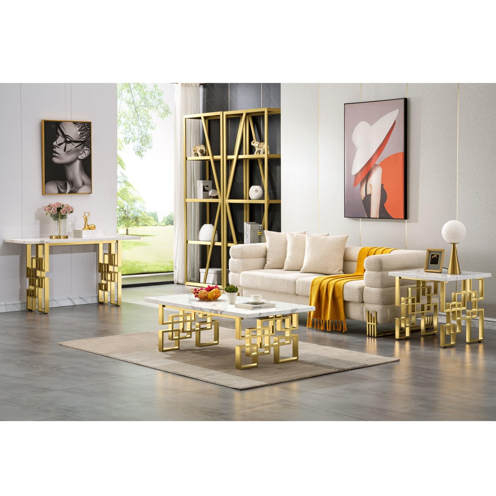 55" White Gold Console Table - Modern Rectangle Entryway Sofa Table