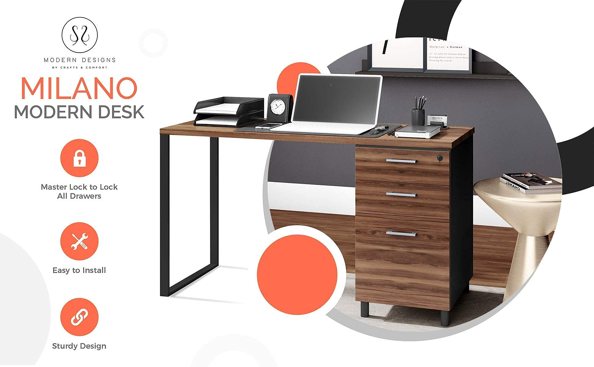 Milano Office Computer Desk with 3 Locking Drawers