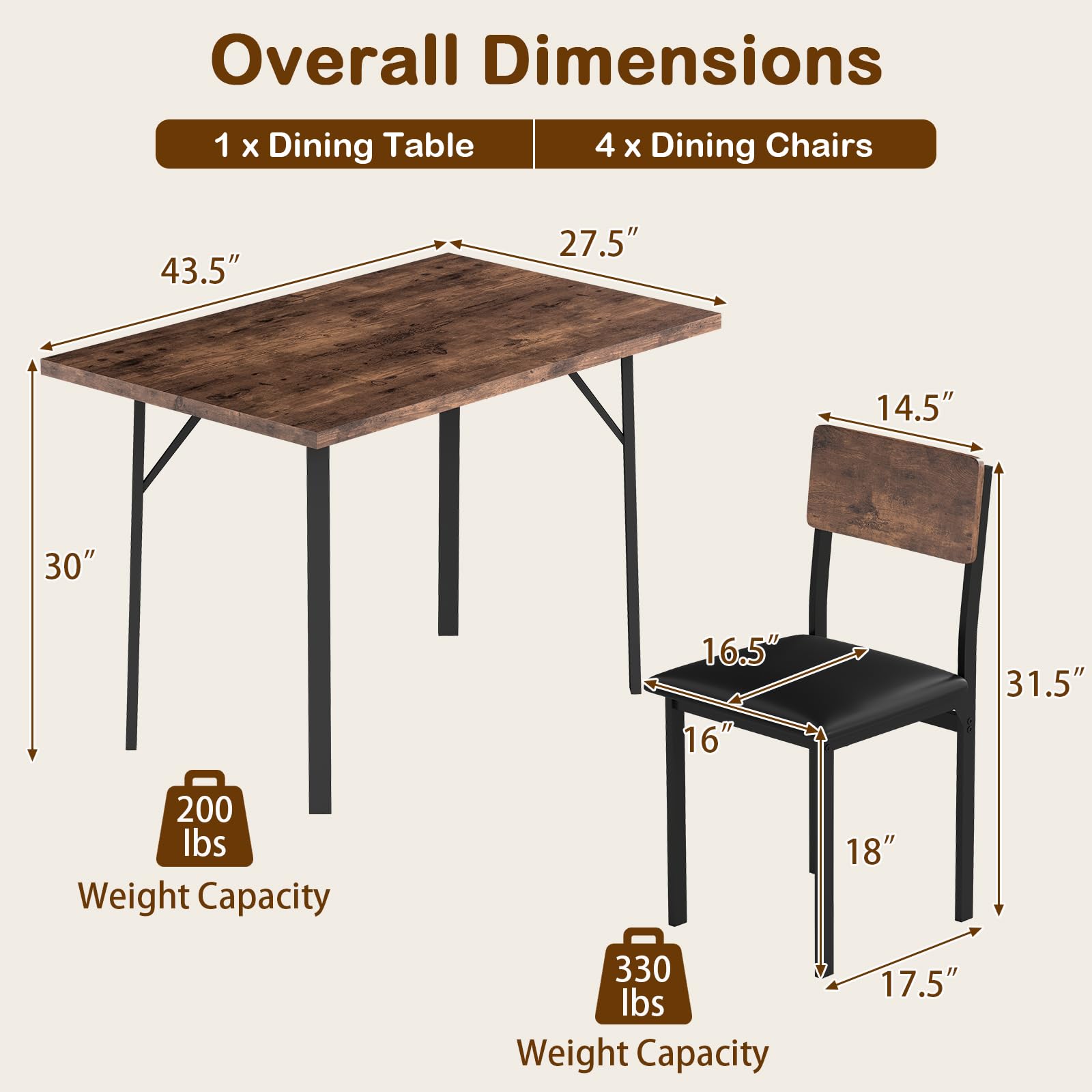 5-Piece Dining Table Set with Padded Chairs