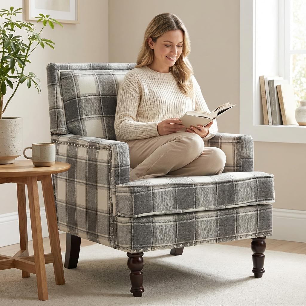 Mid-Century Modern Plaid Accent Chair