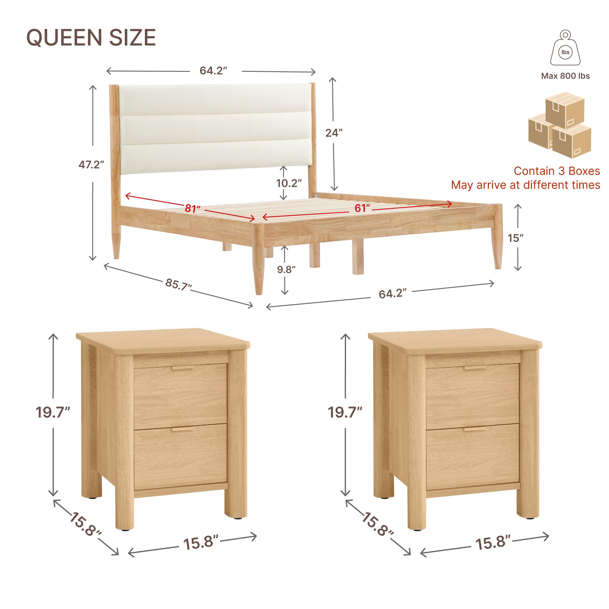 3 Piece Bedroom Set with Upholstered Headboard