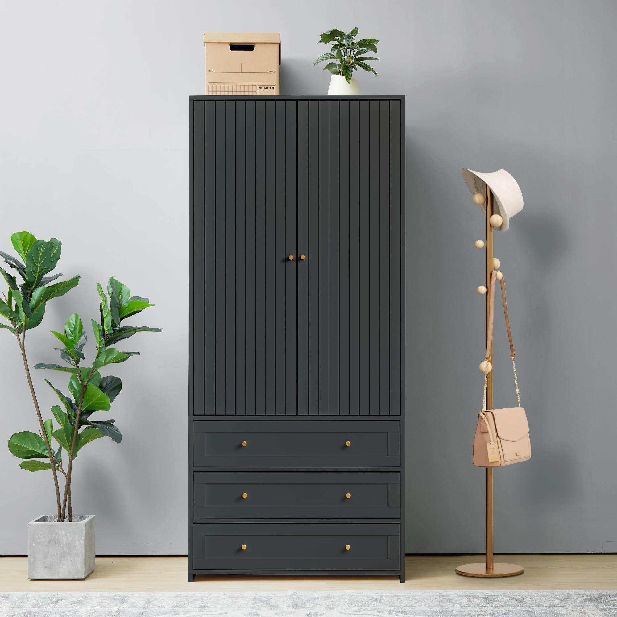 2-Door Wardrobe Armoire with 3 Drawers and Hanging Rod