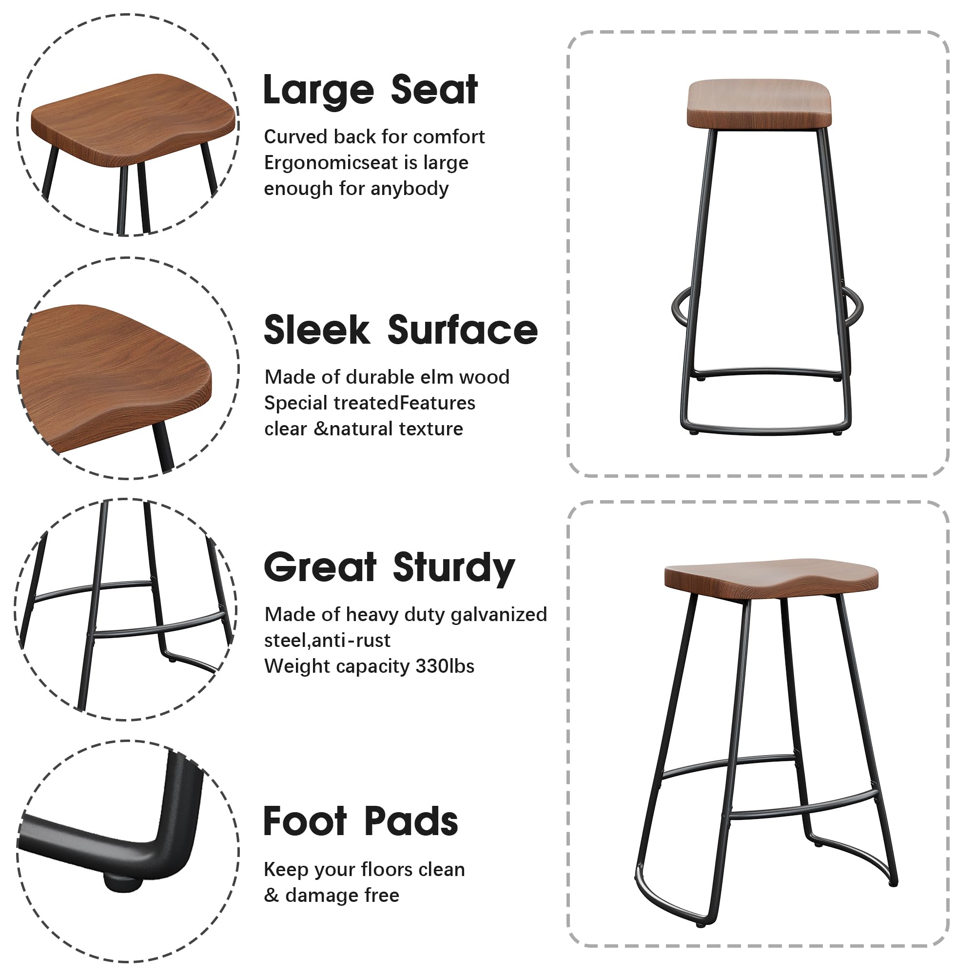 26" Metal Bar Stools Set of 4 Saddle Seat Backless