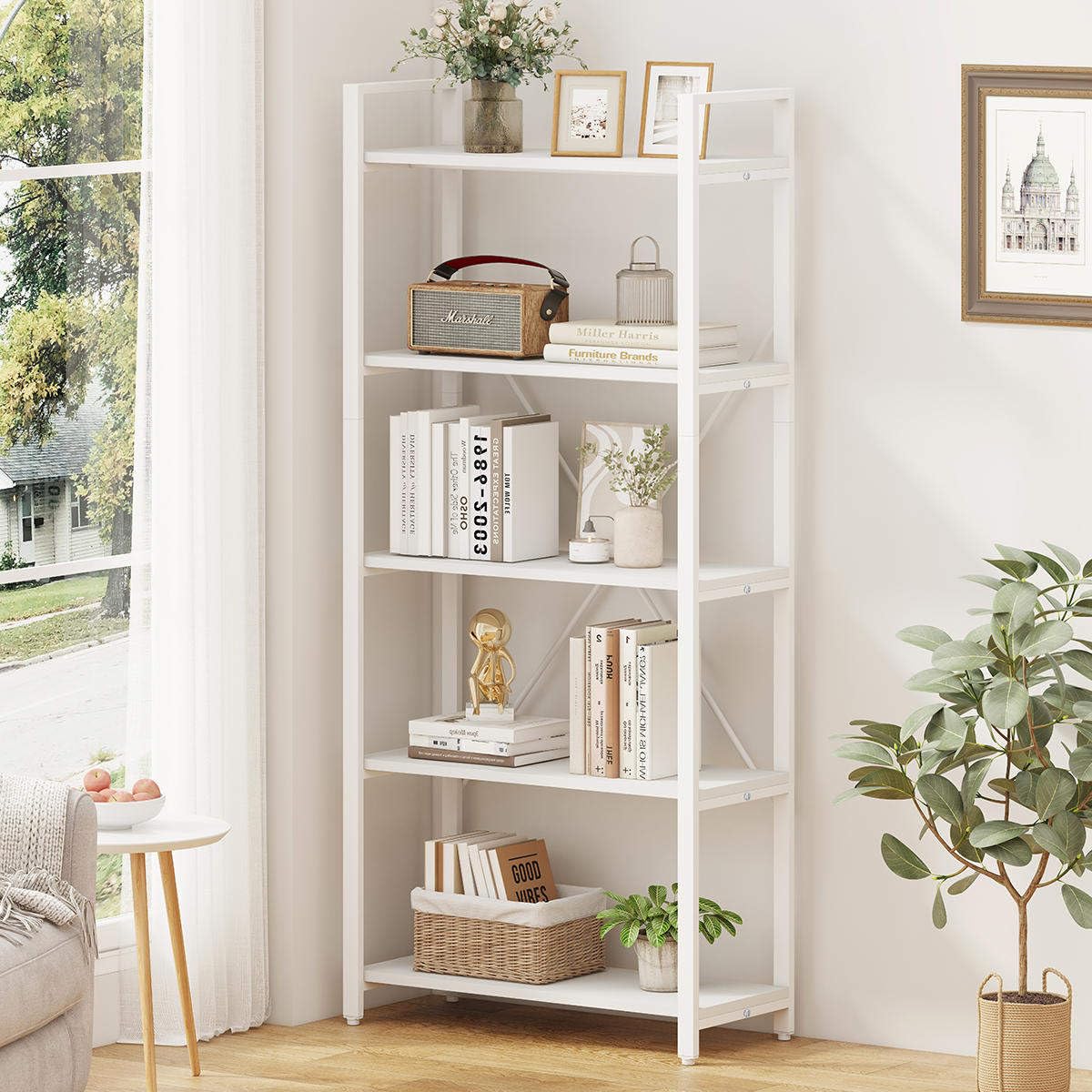 5 Tier Bookshelf Metal and Wood Etagere