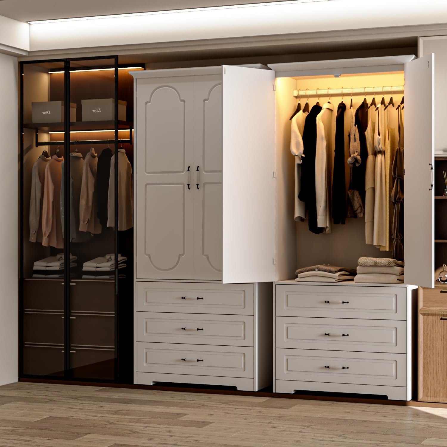 Wooden Armoire Wardrobe Closet with 3 Drawers and LED Light 72 Inch