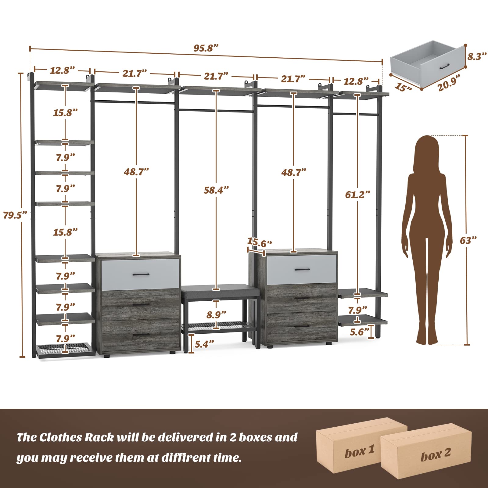8FT Closet Organizer System with 6 Drawers