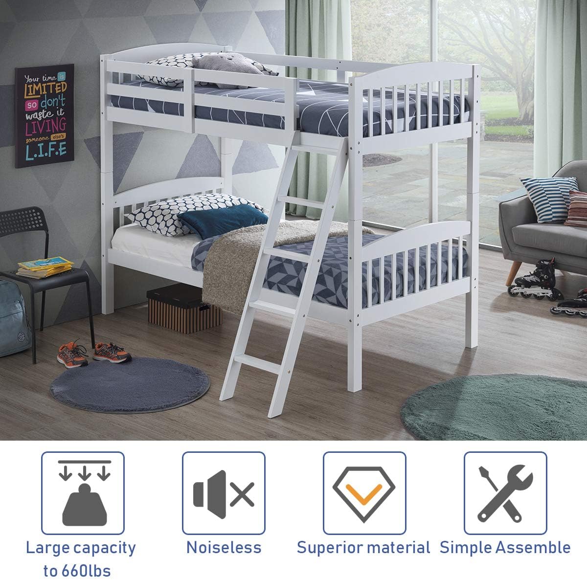 Twin Over Twin Bunk Bed with Ladder and Safety Rail