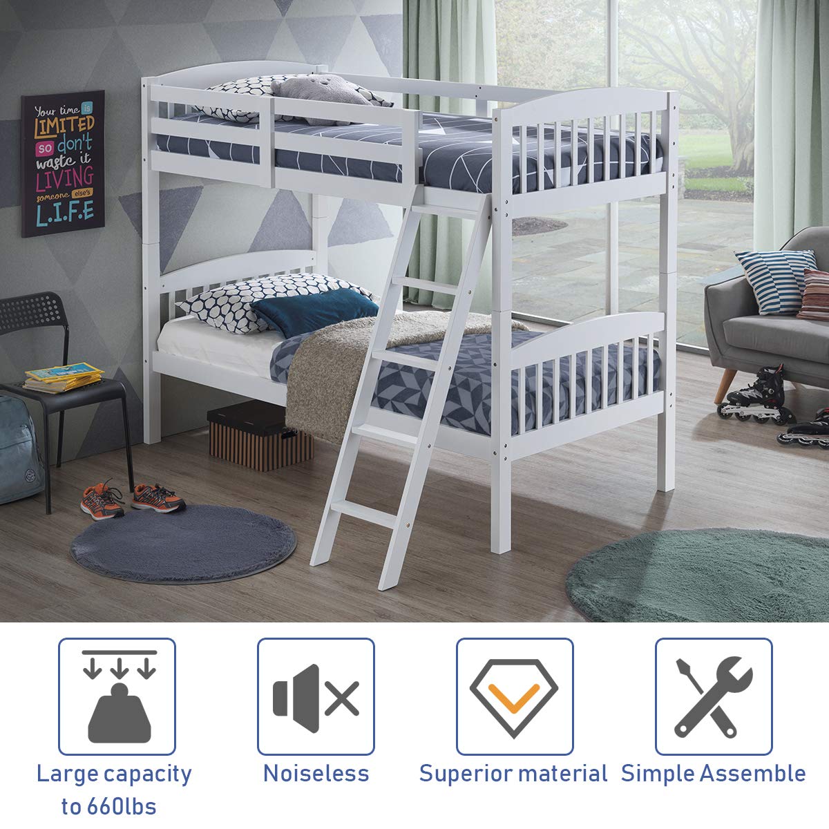 Twin Over Twin Bunk Bed with Ladder and Safety Rail