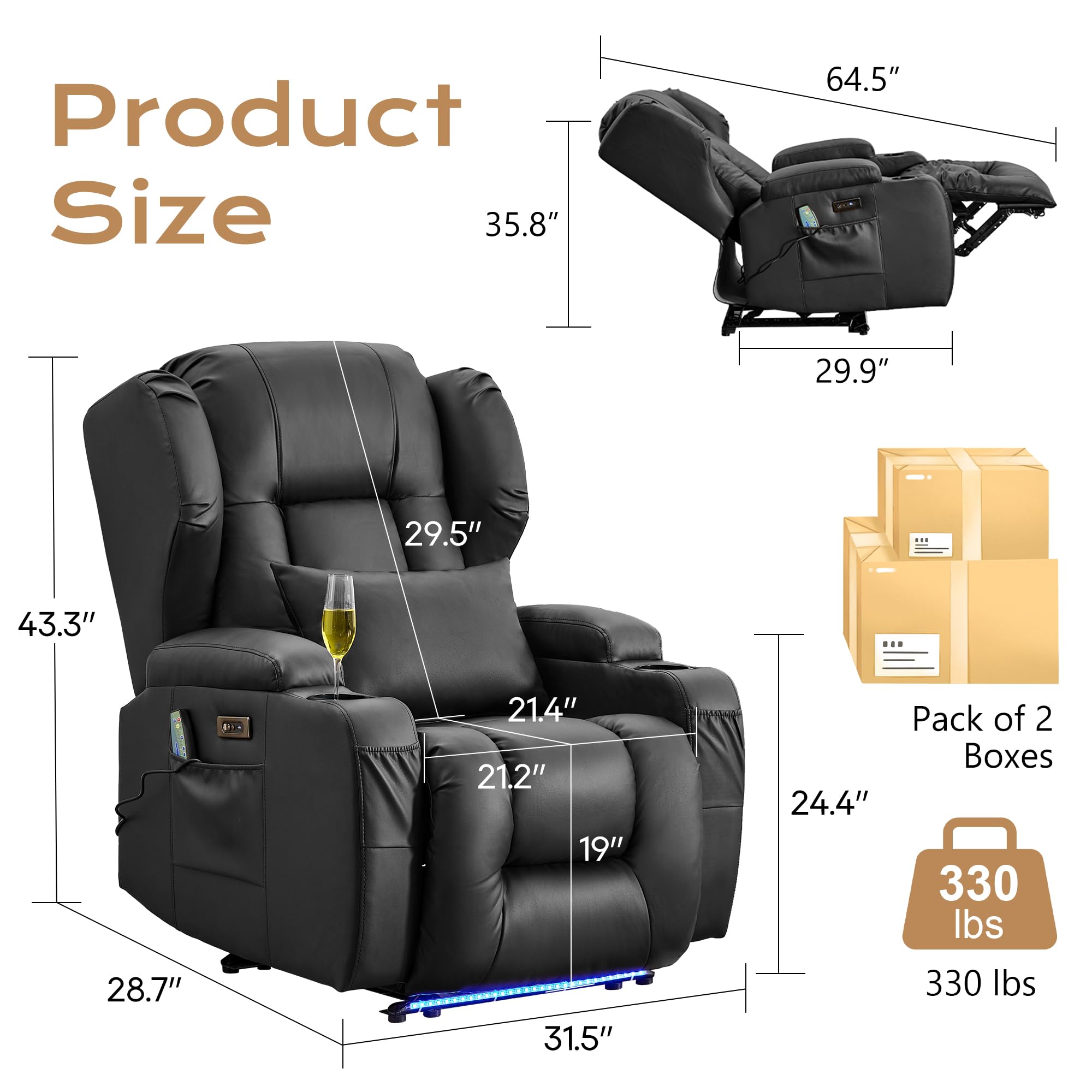 URRED Recliner Chair for Adults, Power Reclining Sofa Chair Home Theater Seating with Vibration Massage and Heat, LED Ambient Light, USB Ports, Cup Holders, Side Pockets (Black)