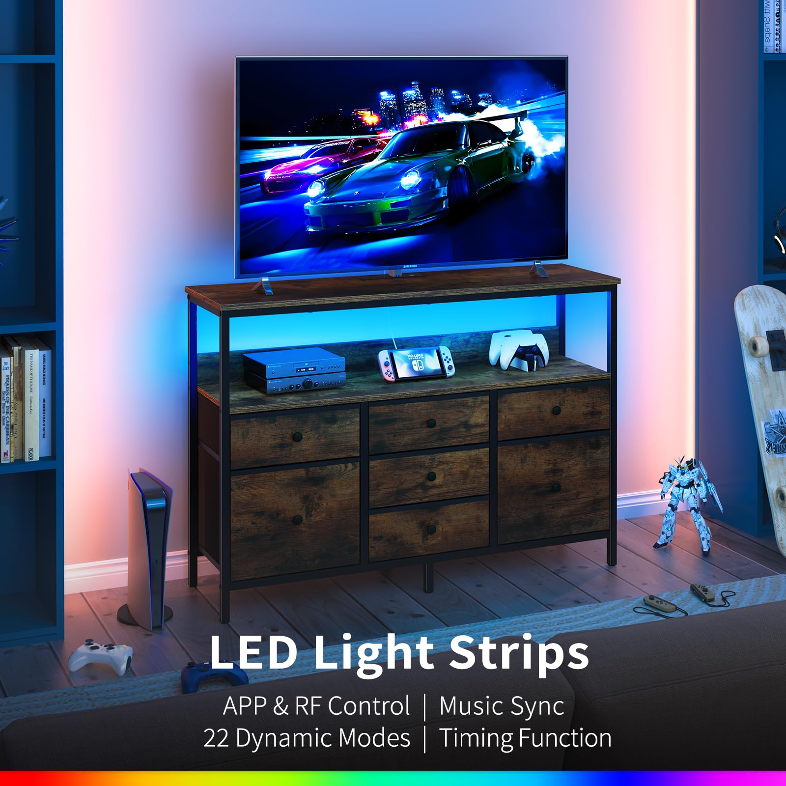 LED TV Stand with 7 Drawers and Power Outlets