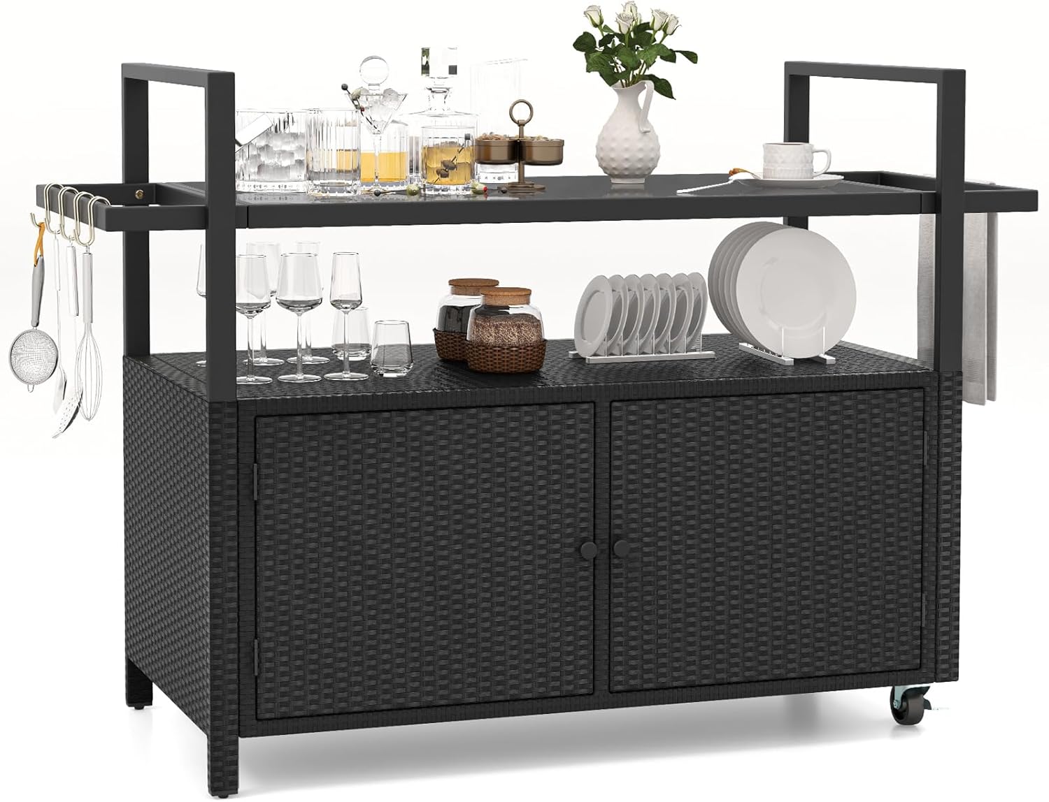 Outdoor Rolling Bar Cart with Tempered Glass Top