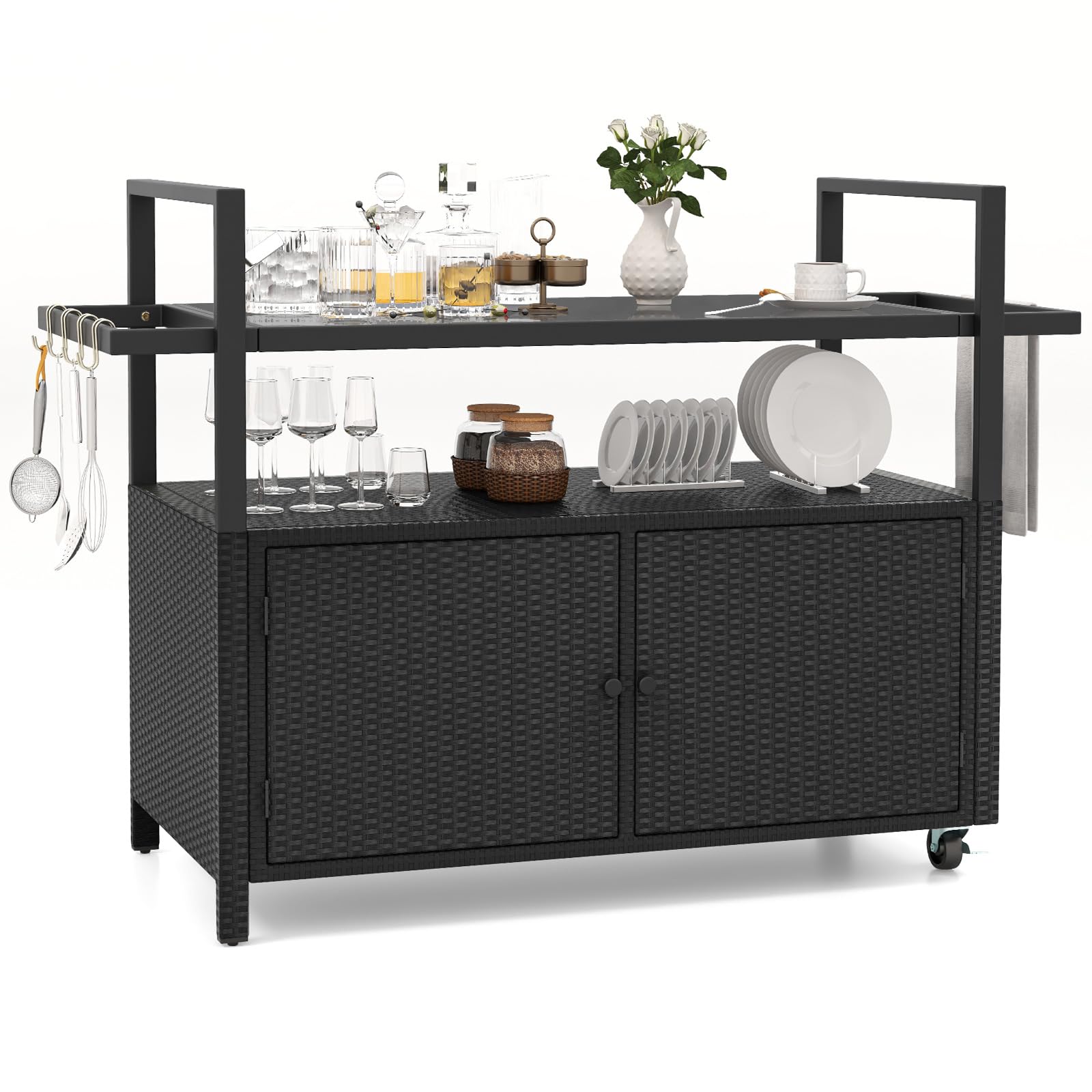 Outdoor Rolling Bar Cart with Tempered Glass Top