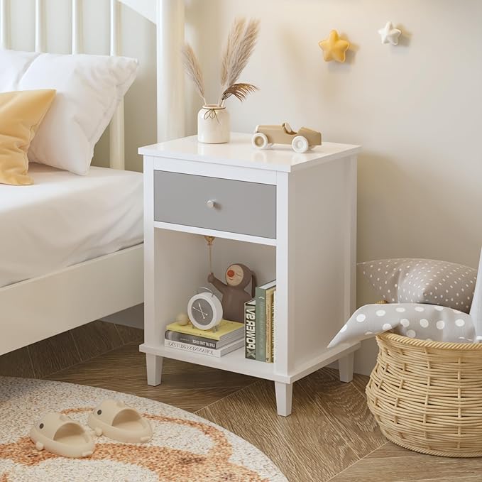 White Nightstand with Drawer and Storage Shelf